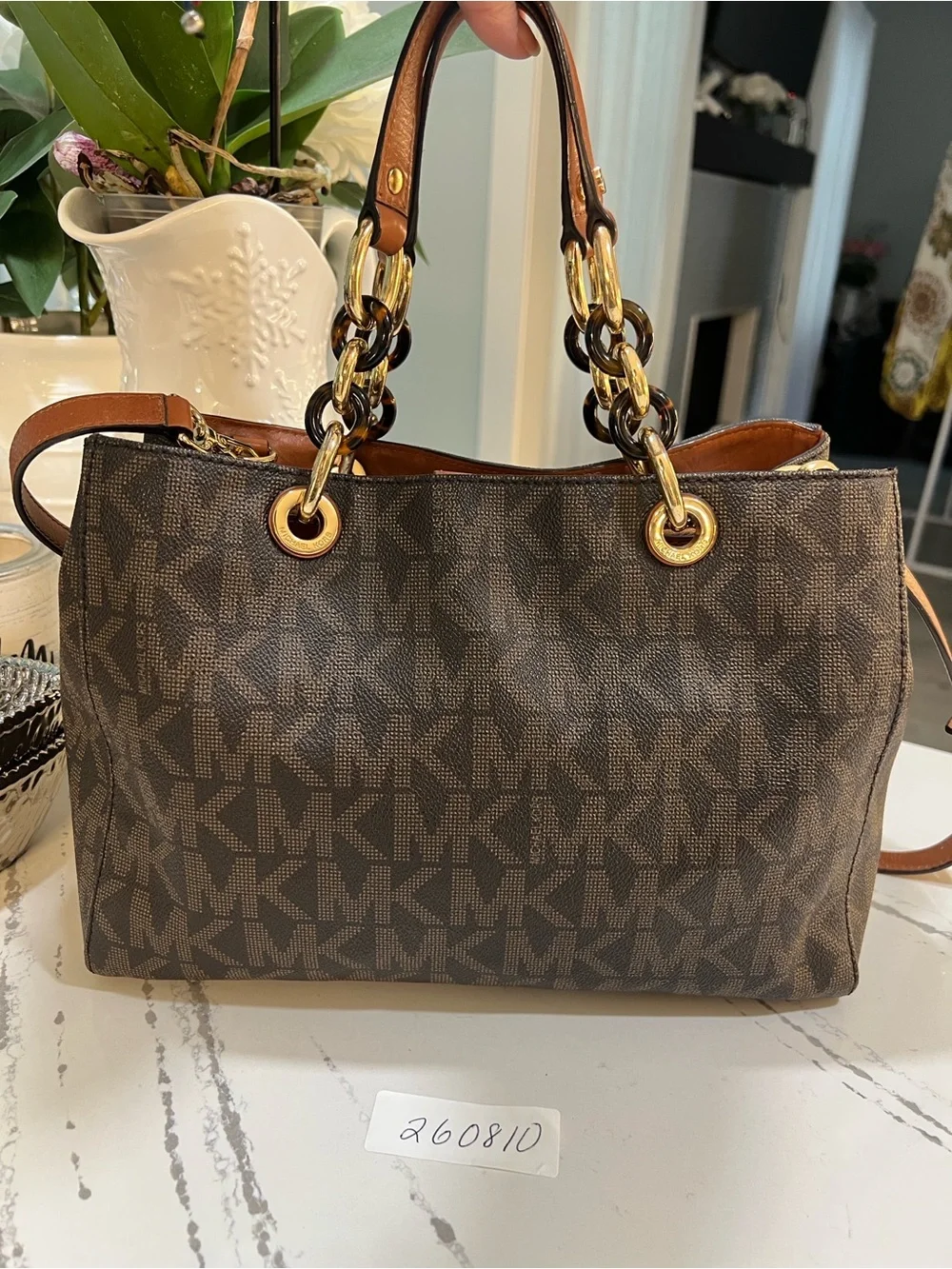 Michael Kors Brown MK Signature Shoulder Bag with Gold Hardware